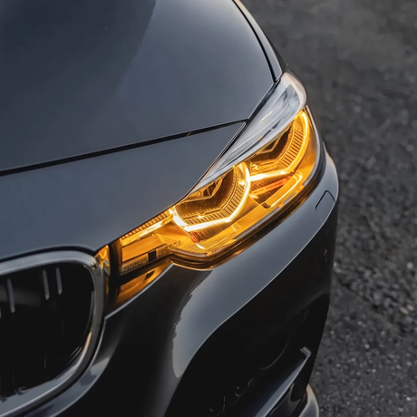 BMW F30 amber DRL headlight close up