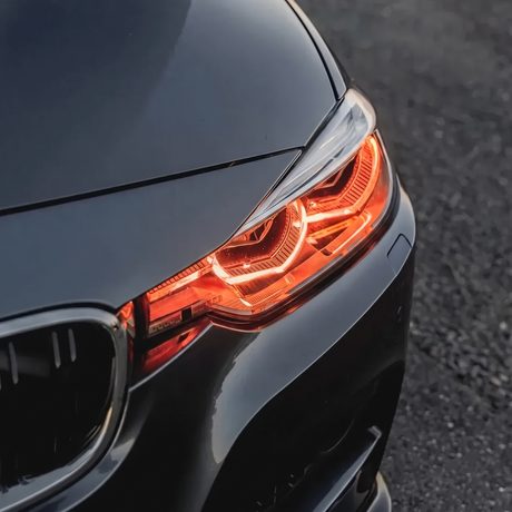 BMW F30 red DRL headlight close up
