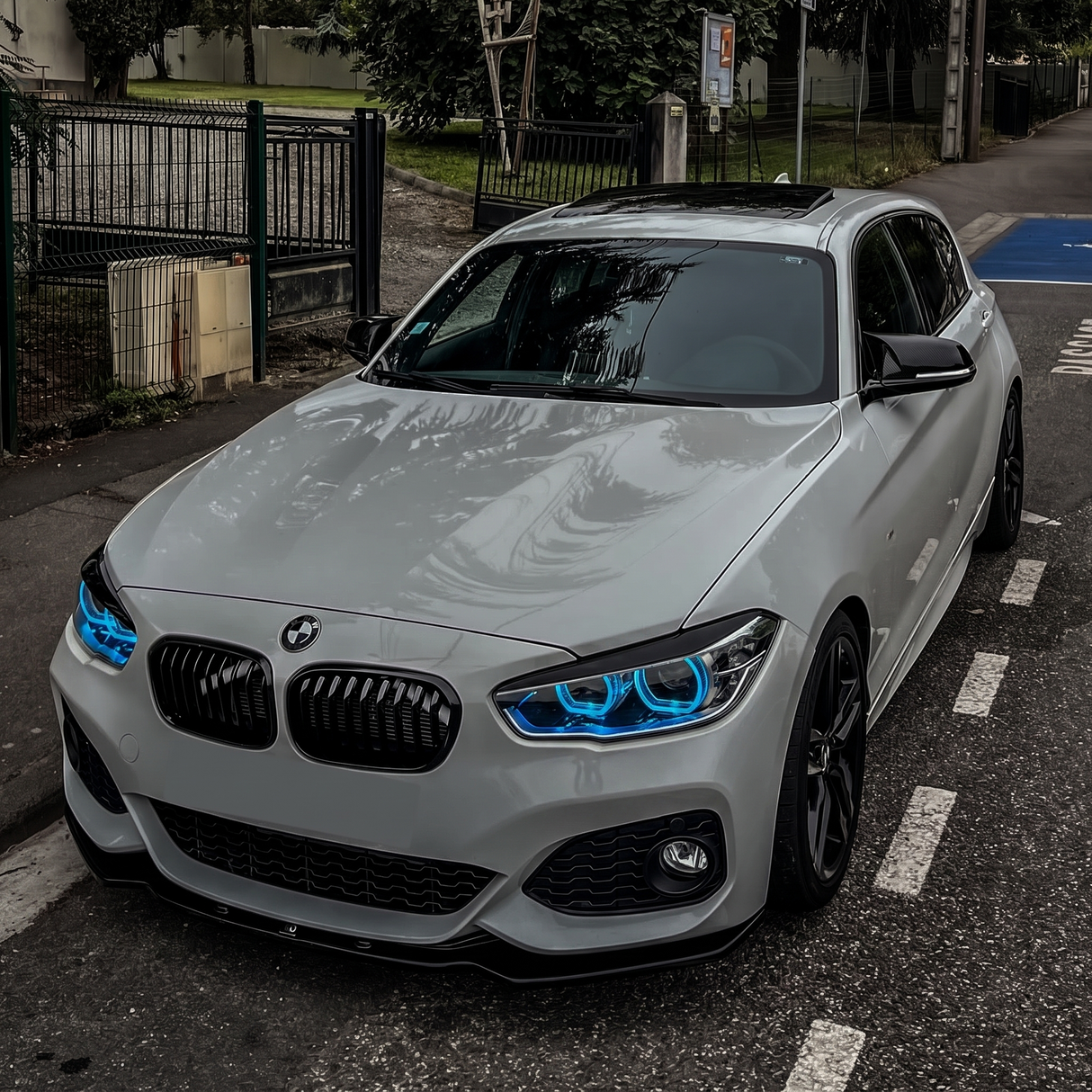 BMW F20 1 Series LCI with blue DRL kit installed